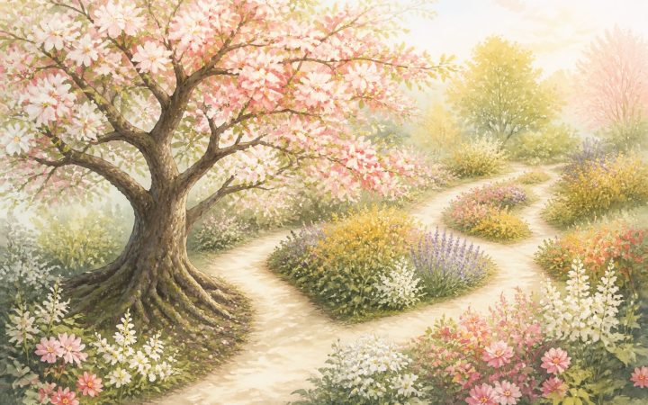 花や木々に囲まれた道を歩く人物のイラスト