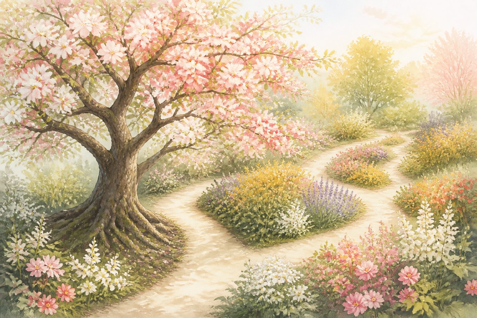 花や木々に囲まれた道を歩く人物のイラスト