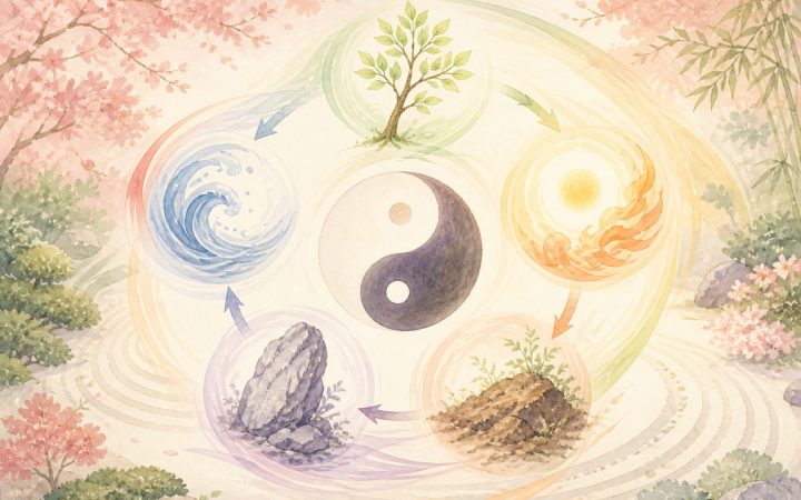 陰陽五行の木・火・土・金・水の巡りとバランスを表したイラスト