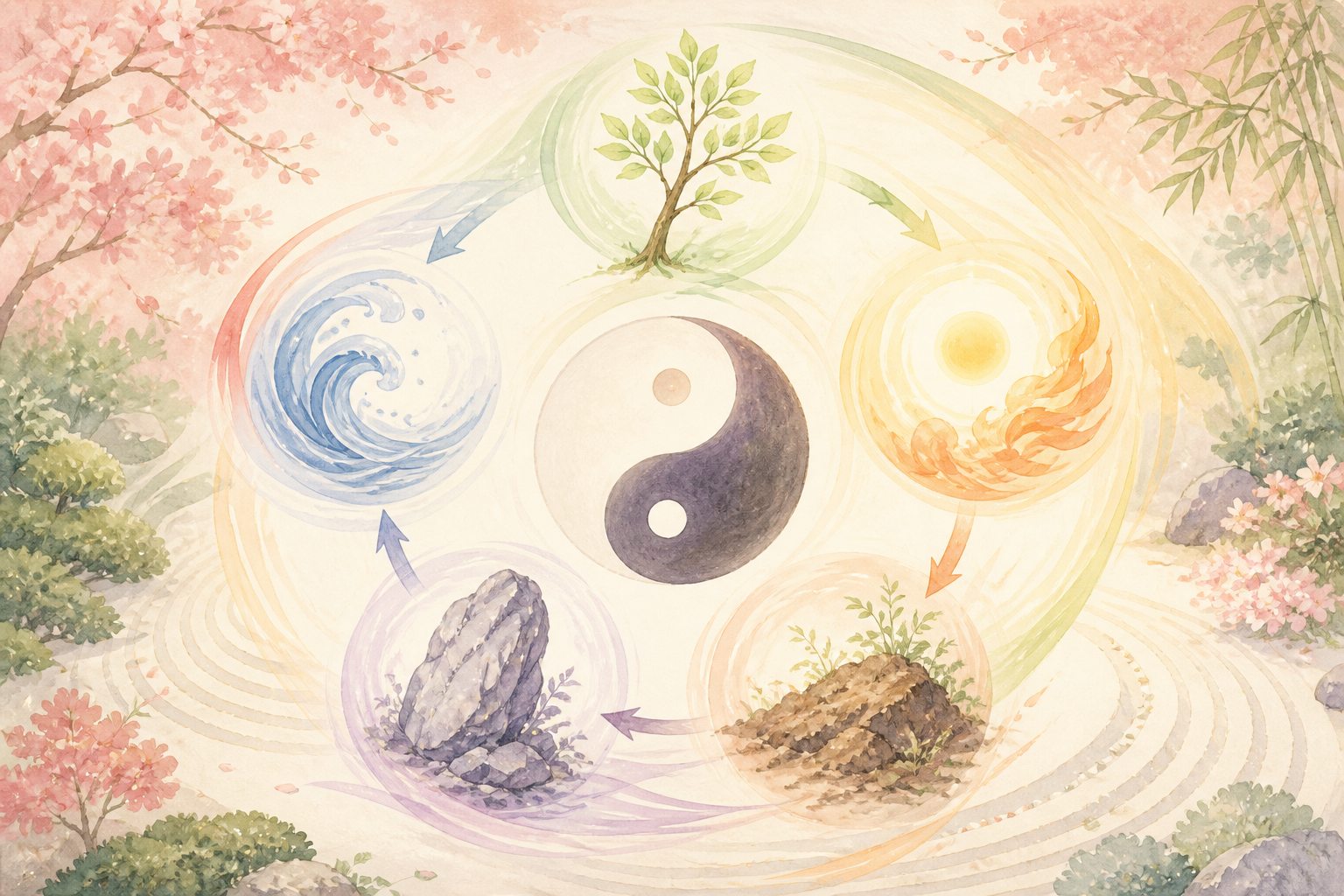 陰陽五行の木・火・土・金・水の巡りとバランスを表したイラスト